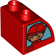 Duplo Brick 2 x 2 x 1 1/2 with Curved Top with Boy with Red Fire Hat Print