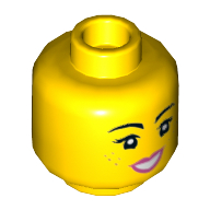 Minifig Head Lucy Wyldstyle, Dual Sided, Freckles, Eyelashes, Pink Lips, Open Mouth Smile with Wide Top / Angry Print [Hollow Stud]