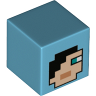 Minifig Head Special, Cube with Minecraft Pixelated Face with Black Hair, Blue Eyes Print