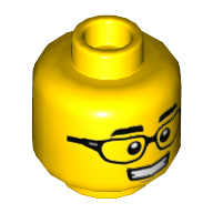 Minifig Head Black Glasses, Thick Eyebrows, Grin/Smile, Open Mouth, Teeth