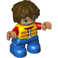 Duplo Figure Child with Short Wavy Hair Brown, Blue Legs, Red Arms, Yellow Life Vest Print