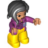 Duplo Figure with Long Hair Section in Front, with Yellow Legs, Shirt with Pocket and Buttons Print