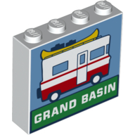 Brick 1 x 4 x 3 with Red/White RV, Medium Blue Background, White On Green 'Grand Basin'