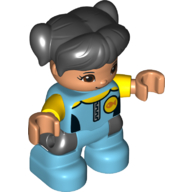 Duplo Figure Child with Ponytails and Bangs Black, with Dark Azure Legs, Yellow Arms, Wetsuit Print