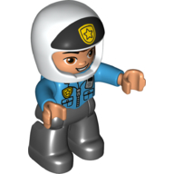 Duplo Figure with Helmet White with Black Front and Badge, Black Legs, Dark Azure Top with Badge and Radio (Police)