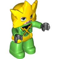 Duplo Figure with Helmet with 5 Points, Bright Green Legs, Yellow Belt, Crossed Yellow Lightning Bolts on Chest (Electro)