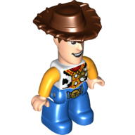 Duplo Figure with Cowboy Hat, Blue Legs, and Cow Skin Vest Print (Woody)