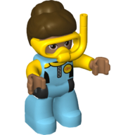 Duplo Figure with Hair in a Bun Dark Brown, Medium Azure Diving Suit, Yellow Arms, Yellow Diving Mask