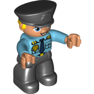 Duplo Figure with Police Style Hat Black, with Black Legs, Police Badge, Dark Blue Tie, Pockets Print