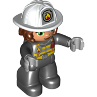 Duplo Figure with Helmet with Long Hair, Black Legs, Black Jacket with Safety Harness, White Helmet with Silver Fire Badge and Radio, Green Eyes (Firefighter)