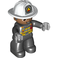 Duplo Figure with Helmet, Black Legs, Black Jacket with Safety Harness, White Helmet with Silver Fire Badge and Radio, Brown Eyes (Firefighter)