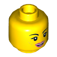 Minifig Head Lucy Wyldstyle, Freckles, Eyes Open, Eyelashes, Pink Lips, Open Mouth Smile / Eyes Closed, Teeth Together, Open Mouth
