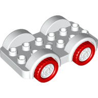 Duplo Car Base 2 x 6 - 4 White Wheels with Red Tires on 4 Fixed Axles