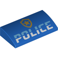 Slope Brick Curved 2 x 4 x 2/3 No Studs, with Bottom Tubes and Gold Police Badge, 'POLICE' print