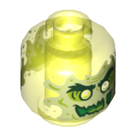 Minifig Head Ghost, with Yellowish Green Face, Glass Eye, Evil Grin, Flames in Back Print