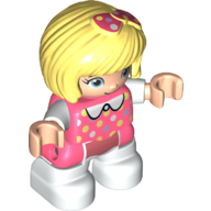 Duplo Figure Child with Bow on Short Bob Hair Bright Light Yellow, with White Legs, White Collar, and Colored Spots Print