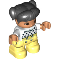 Duplo Figure Child with Ponytails and Bangs Black, with Nougat Face and Hands, Bright Light Yellow Legs, Black Heart, Light Green Collar Print