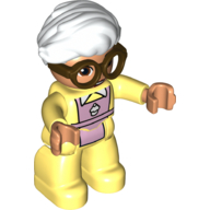 Duplo Figure with Hair Swept Right White, with Bright Light Yellow Legs, Pink Apron Print and Brown Glasses