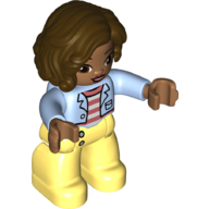 Duplo Figure with Long Hair Parted on Left Brown, with Bright Light Yellow Legs, Pink and White Striped Shirt and Jacket Print