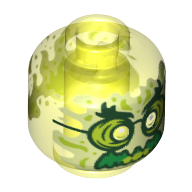 LEGO part Minifig Head Ghost, with Yellowish Green Face, Bushy Eyebrows, Glasses, Angry and Flames in Back Print