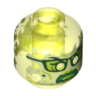 LEGO part Minifig Head Ghost, with Yellowish Green Face, Glasses, Angry and Flames in Back Print