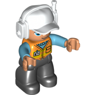 Duplo Figure with Headset and Cap White, with Medium Azure Arms, Orange Safety Vest, and Black Legs