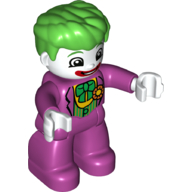 Duplo Figure with Thick Hair Combed Forward, Magenta Legs and Arms, White Hands, with White Clown Face and Green Bow on Chest Print (Joker)