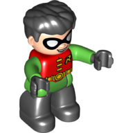 Duplo Figure with Thick Hair Combed Forward, with Black Legs and Hands, Bright Green Arms, and Robin Logo Print