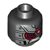 Minifig Head Nindroid, Dark Purple Lines, Red Eye, Gritted Teeth, Silver Armored Right Side Print