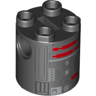 Brick Round 2 x 2 x 2 Robot Body with Black/Dark Red Markings - with Bottom Axle Holder x Shape + Orientation