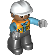Duplo Figure with Hard Hat and Hair, Black Legs, Safety Vest
