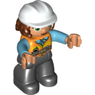 Duplo Figure with Hard Hat and Long Hair, Black Legs, Safety Vest