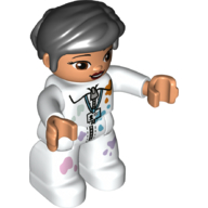 Duplo Figure with Thick Short Hair Combed over Forehead and Bun Black, White Jumpsuit with Paint Splotches