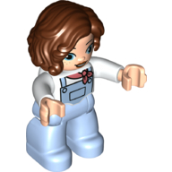 Duplo Figure with Long Hair Parted on Left Reddish Brown, with Bright Light Blue Legs, Pink Neckerchief Print