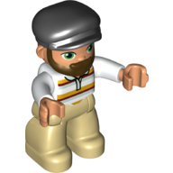 Duplo Figure with Cap Black, with Beard, Tan Legs, Red and Yellow Striped Shirt Print