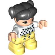 Duplo Figure Child with Ponytails and Bangs Black, with Light Nougat Face and Hands, Bright Light Yellow Legs, Black Heart, Light Green Collar Print