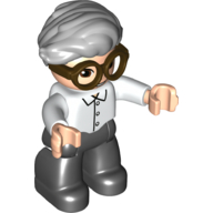 Duplo Figure with Hair Swept Right Light Bluish Gray, Black Legs, Shirt Print and Brown Glasses