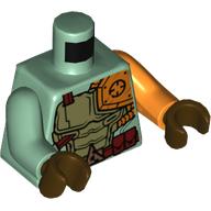 Image of part Torso, Odd Arms, Armor with Orange Shoulder Plate, and Belt with Pouches Print, Left Orange Arm, Right Sand Green Arm, Dark Brown Hands