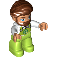 Duplo Figure with Hair Swept Right with Beard Reddish Brown, with Lime Legs, Overalls Print