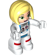 Duplo Figure with Straight Hair with Left Parting Bright Yellow, White Astronaut Suit Print