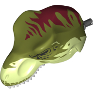 Animal Body Part, Dinosaur, Tyrannosaurus Rex Head with Pin, Tan Teeth, Olive Green Top and Dark Red Stripes Print