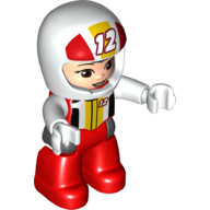 Duplo Figure with Helmet White with '12', Red Legs, Racing Jacket Print
