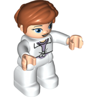 Duplo Figure with Thick Short Hair Combed over Forehead and Bun Dark Orange, White Legs, White Lab Coat, Lavender Shirt