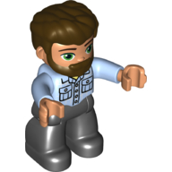 Duplo Figure with Thick Hair Combed Forward and Beard Dark Brown, Black Legs, Shirt with Pockets Print