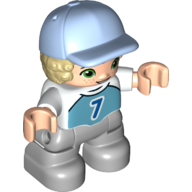 Duplo Figure Child with Hair and Cap Bright Light Blue, Light Bluish Gray Legs, Shirt with '7' Print