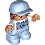 Duplo Figure Child with Long Hair and Cap Bright Light Blue, Bright Light Blue Legs, Apron, Pink Striped Shirt Print