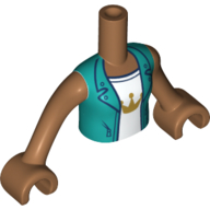 Minidoll Torso Girl with Dark Turquoise Vest, White Shirt with Gold Crown Print, Medium Nougat Arms with Hands