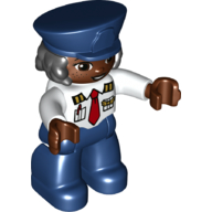 Duplo Figure with Police Style Hat Dark Blue and Hair, with Dark Blue Legs, Pilot Shirt with Pockets and Red Tie Print