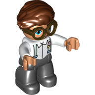 Duplo Figure with Hair Swept Right Reddish Brown, with Black Legs, Shirt with Suspenders Print and Brown Glasses