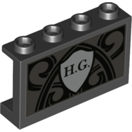 Panel 1 x 4 x 2 with Side Supports - Hollow Studs with Light Bluish Grey Shield, 'H. G.', Black Decorations print